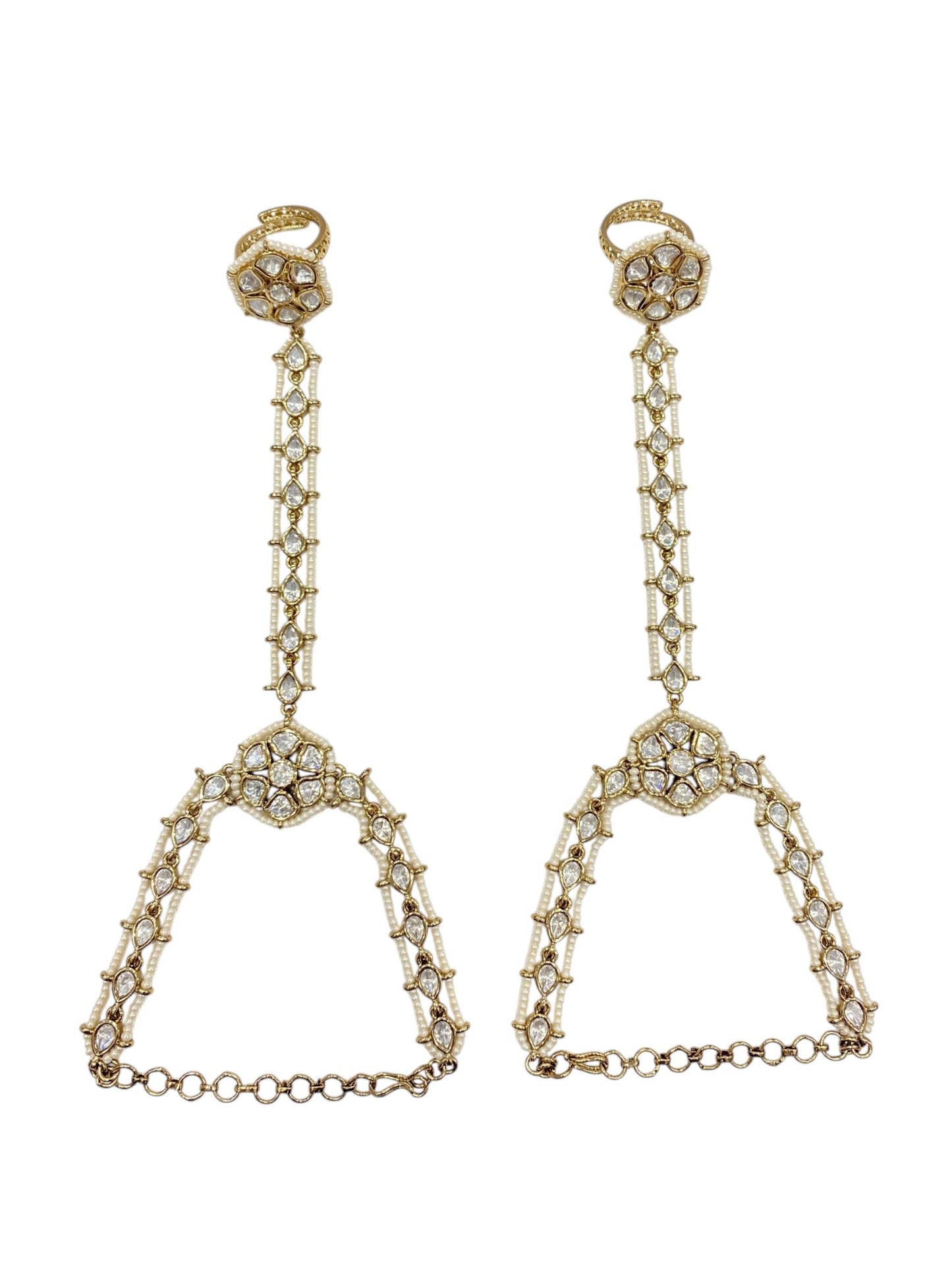 Sirini Regal White Kundan Pearl Haathphool | Antique Gold Finish