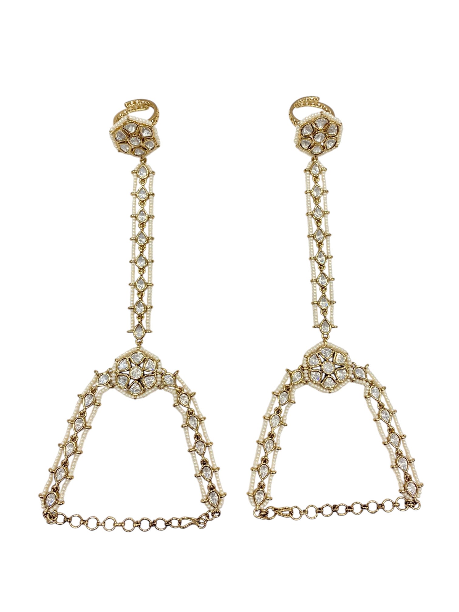 Sirini Regal White Kundan Pearl Haathphool | Antique Gold Finish
