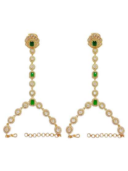 Bridal green Kundan hathphool with floral centre, finger rings and bracelet, view 3 of 3