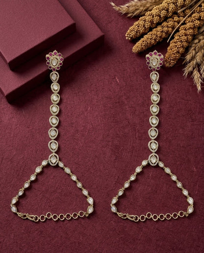 Ruby Kundan hathphool in mehendi gold finish with bracelet and finger ring, gold-plated, by Sirini Jewellery