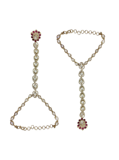 Ruby Kundan hathphool in mehendi gold finish with bracelet and finger ring, view 2 of 3