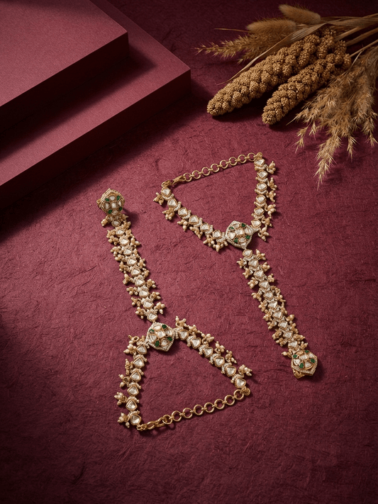 Jannat Green Kundan Antique Gold Hathphool
