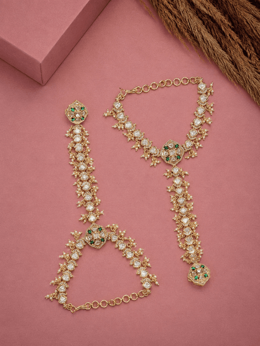 Gold Plated Pearl And Green Kundan Hathphool For Women