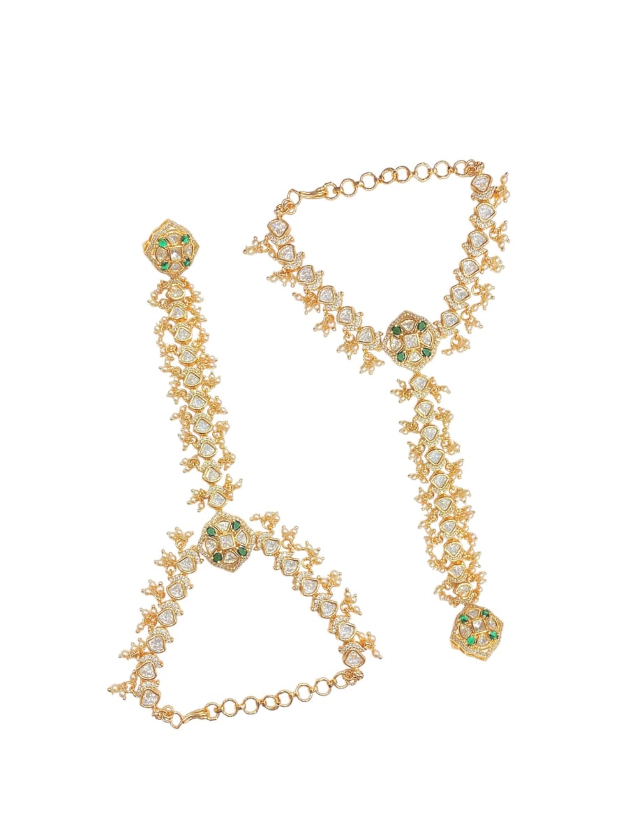 Gold Plated Pearl And Green Kundan Hathphool For Women - detail
