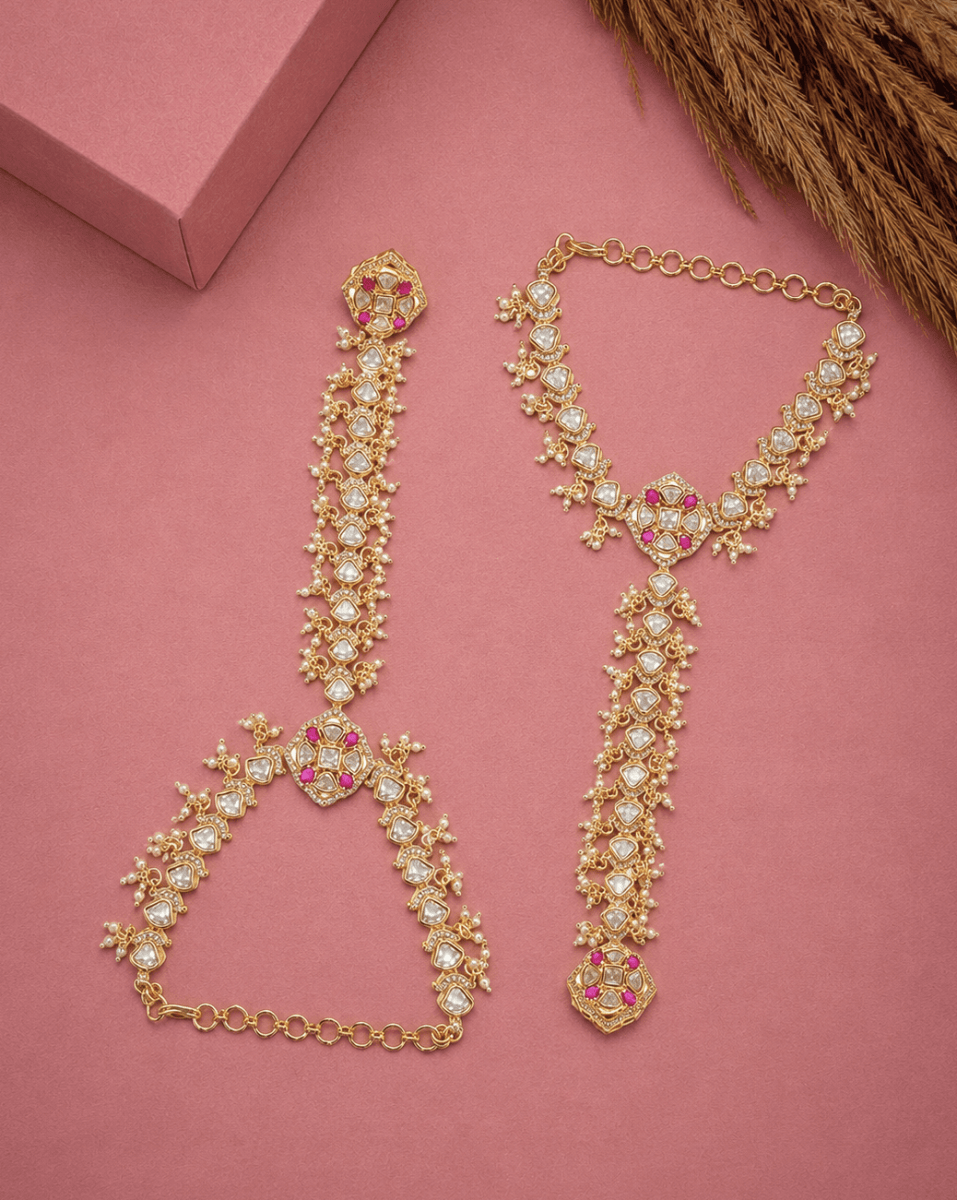 Gold Plated Pearl And Ruby Kundan Hathphool For Women
