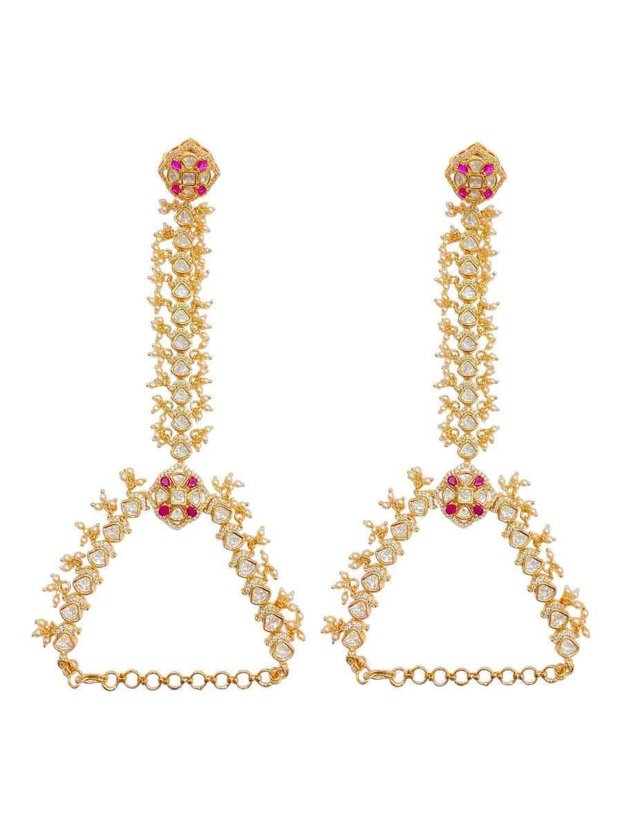 Gold Plated Pearl And Ruby Kundan Hathphool For Women - detail