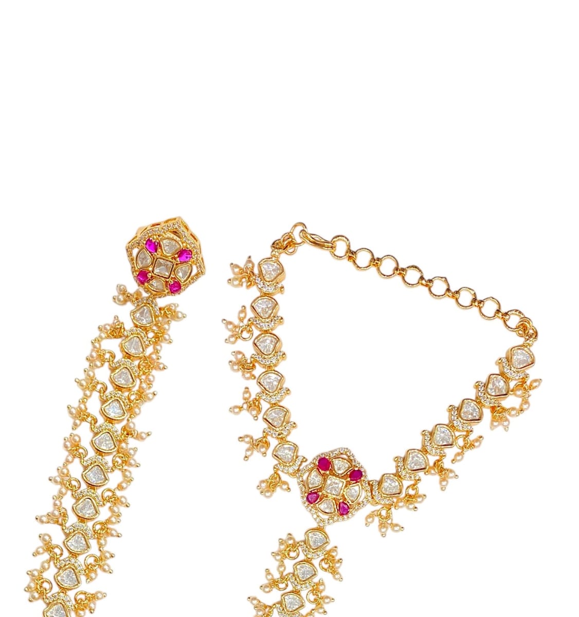 Gold Plated Pearl And Ruby Kundan Hathphool For Women - detail