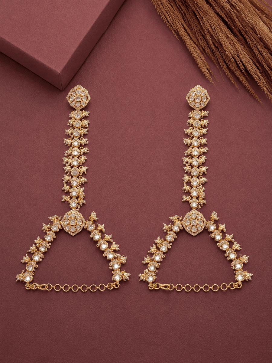 Gold Plated Pearl And White Kundan Hathphool For Women