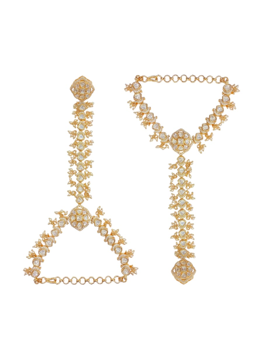 Gold Plated Pearl And White Kundan Hathphool For Women - detail