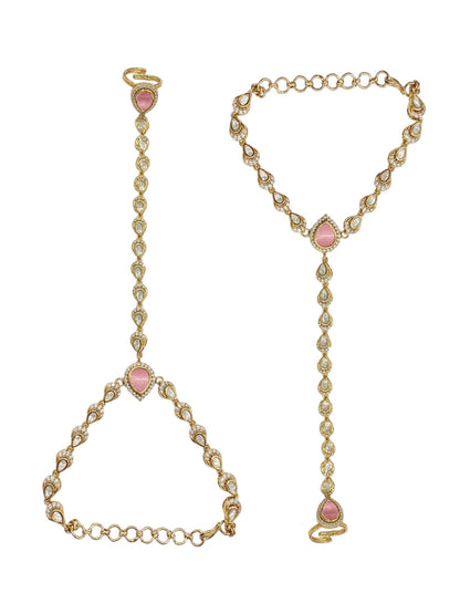 Elegant Shine Pink Hathphool - Antique Gold Finish - Pink Polki Kundan by Sirini Jewellery, Festive wear - detail