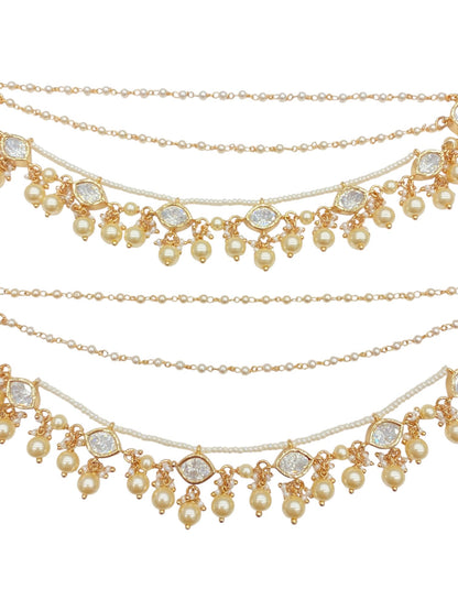 Slim straight Kundan kaan chain pair, stone-set ear chains, view 2 of 3