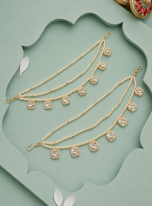 Pearl Line With Kundan Stone Ear Chain | Sirini Jewellery