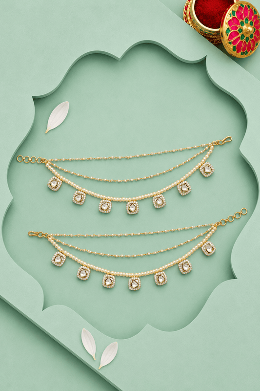 Kundan Pearl Multi Chain Ear Kaan Earrings