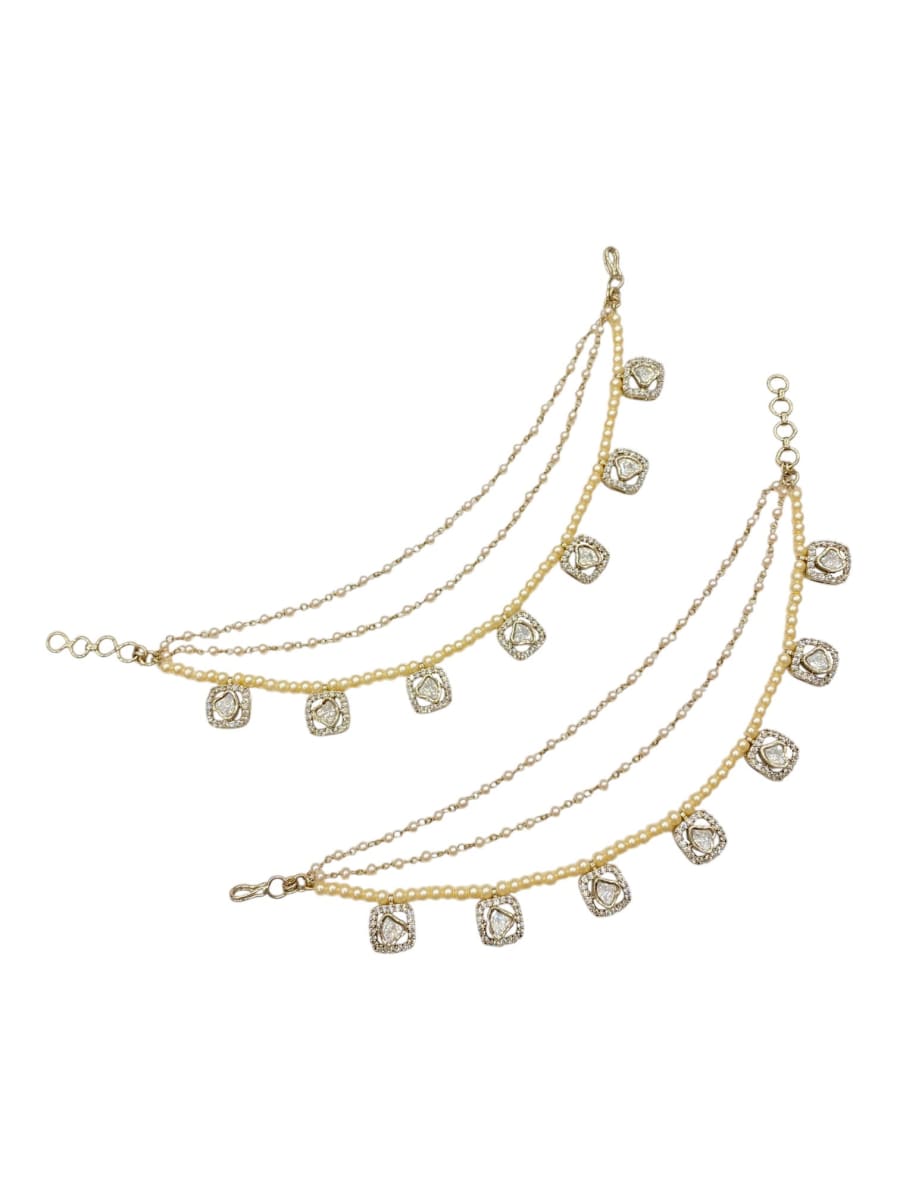 Kundan Pearl Multi Chain Ear Kaan Earrings - detail
