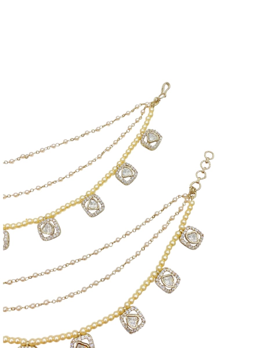 Kundan Pearl Multi Chain Ear Kaan Earrings - detail