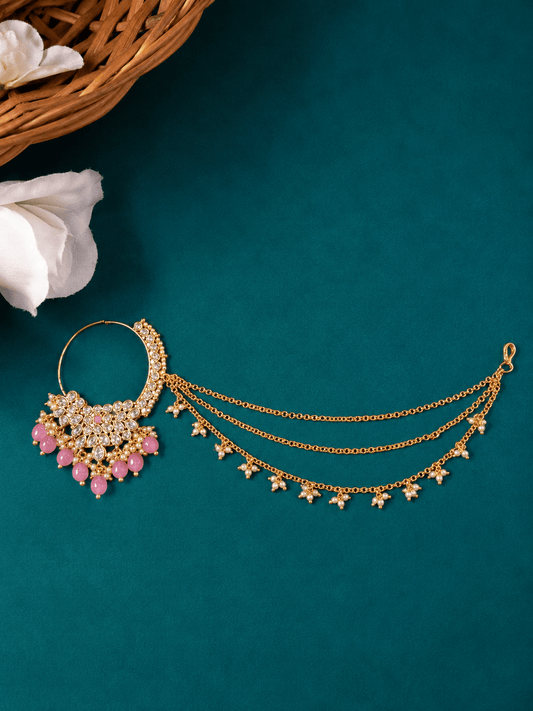 Pink Kundan Studded Multi Colour Pearl Bead Triple Layer Chain Nath Nosepin