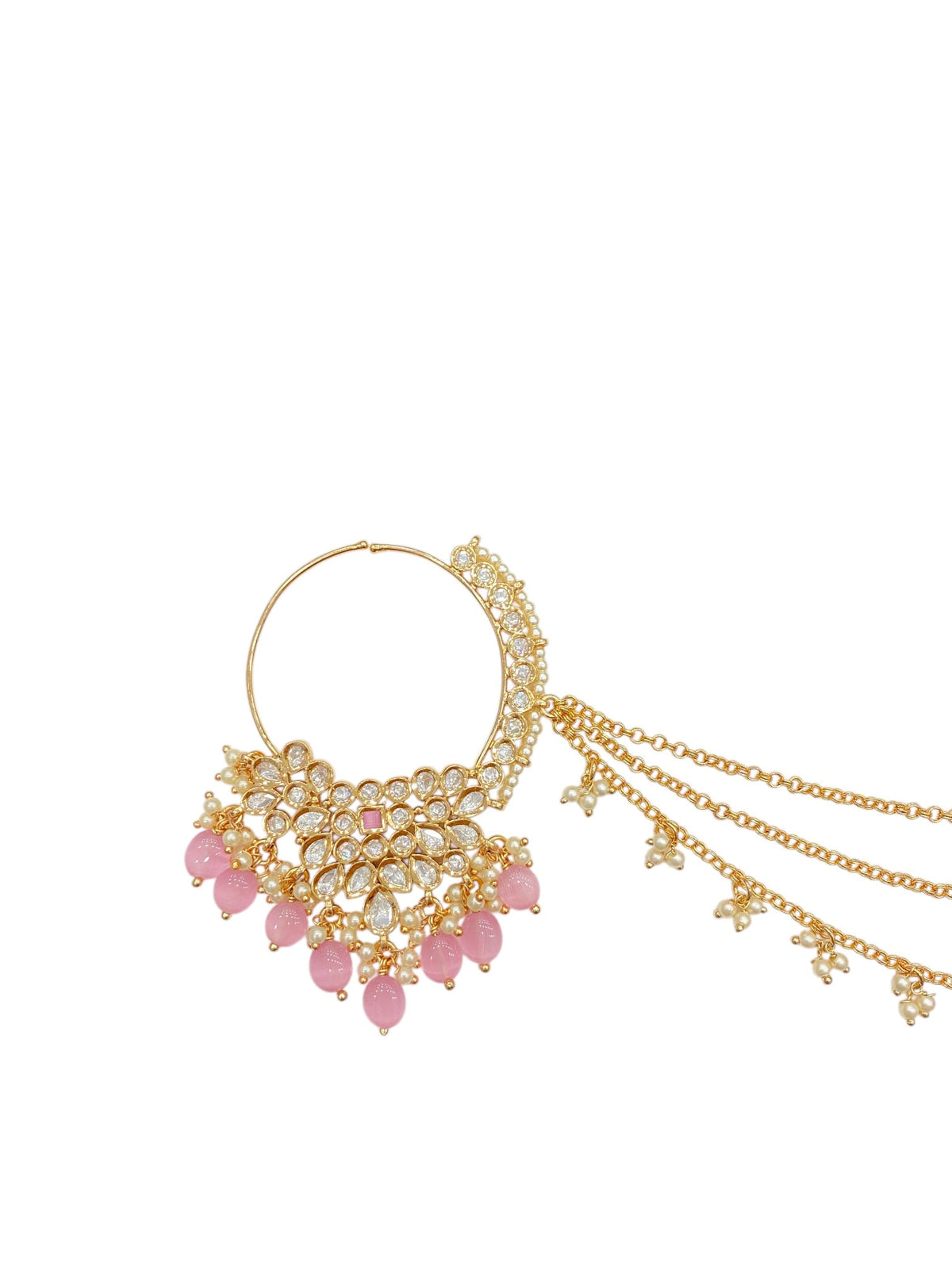 Pink Kundan Studded Multi Colour Pearl Bead Triple Layer Chain Nath Nosepin