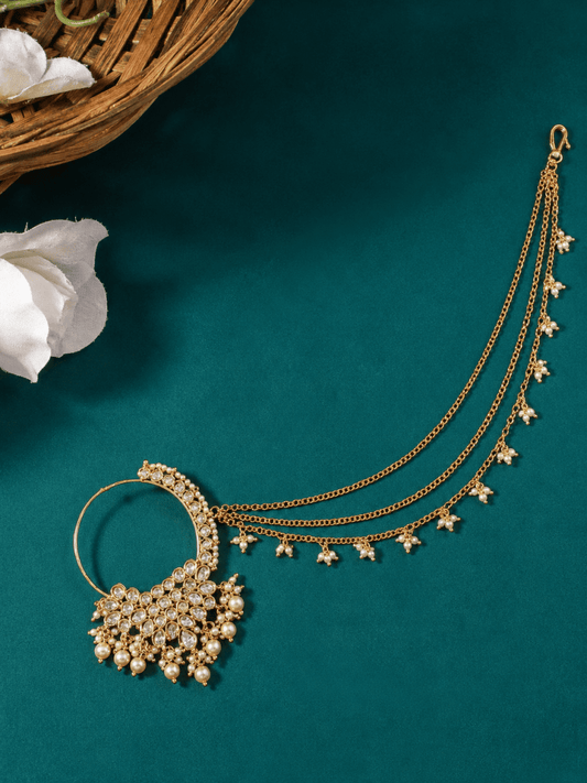 White Kundan Studded Multi-colour Pearl Bead Triple-layer Chain Nath Nosepin
