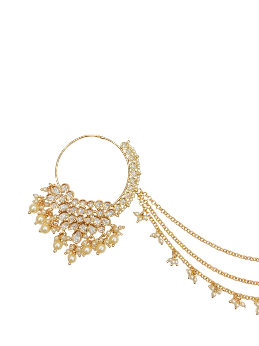 White Kundan Studded Multi-colour Pearl Bead Triple-layer Chain Nath Nosepin - detail