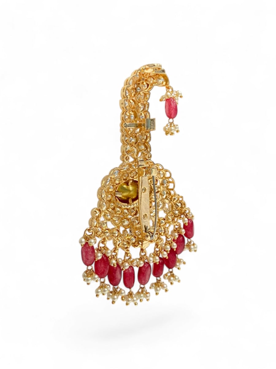 Royal Ruby Floral Polki Kalgi For Groom | Luxury Wedding Safa Brooch - detail