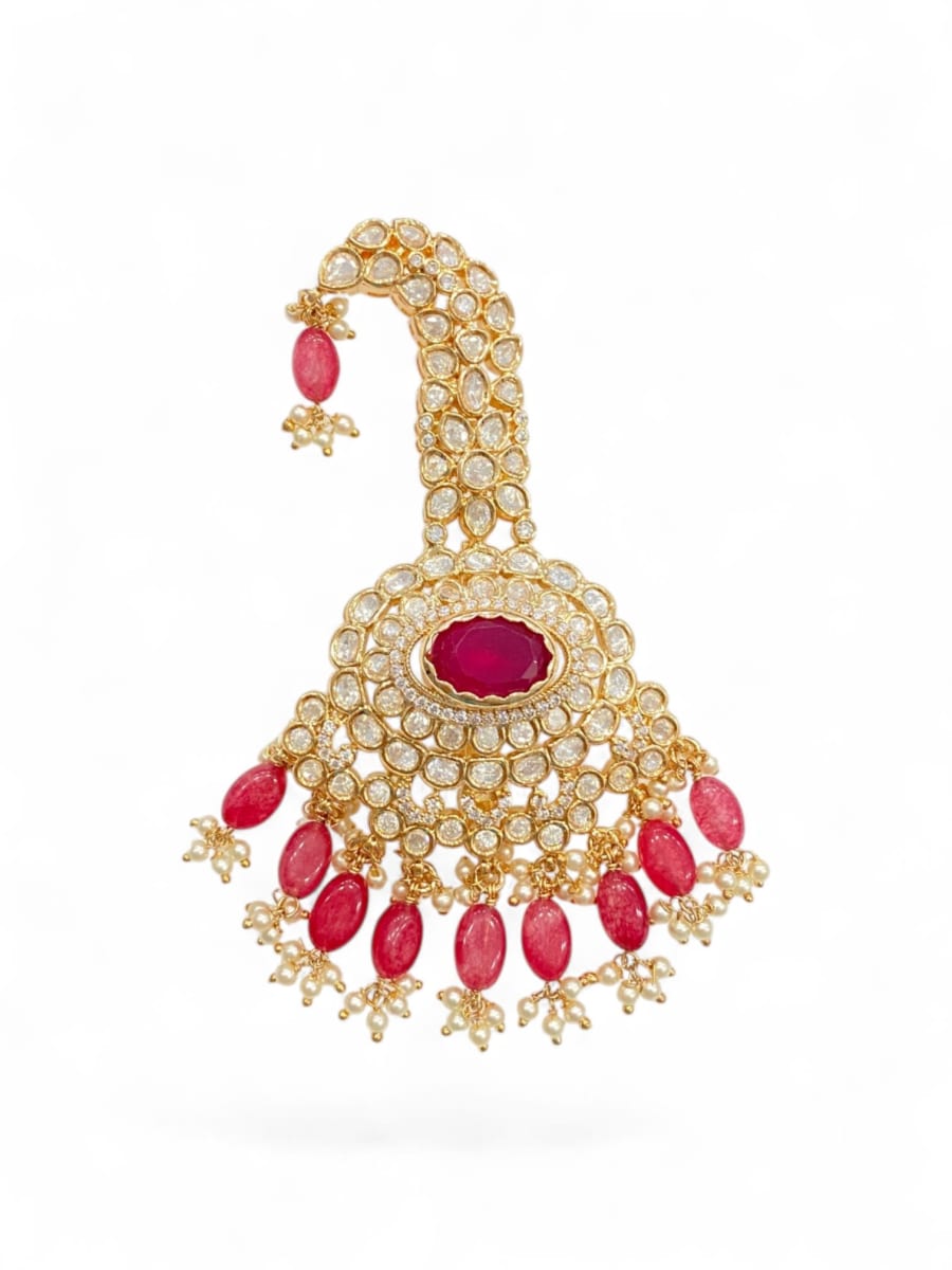 Royal Ruby Floral Polki Kalgi For Groom | Luxury Wedding Safa Brooch - detail