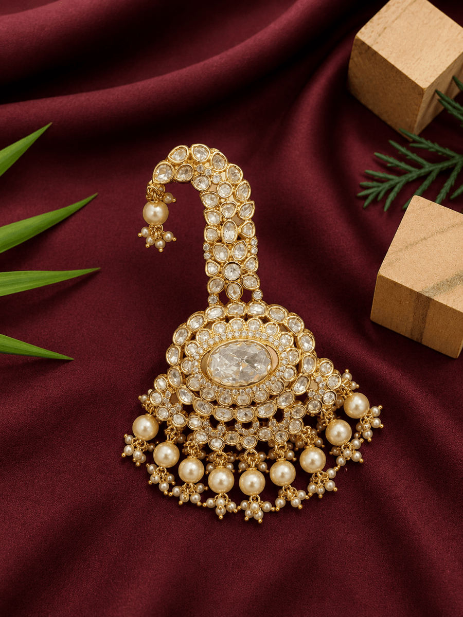 Royal Pearl Floral Polki Kalgi For Groom | Luxury Wedding Safa Brooch