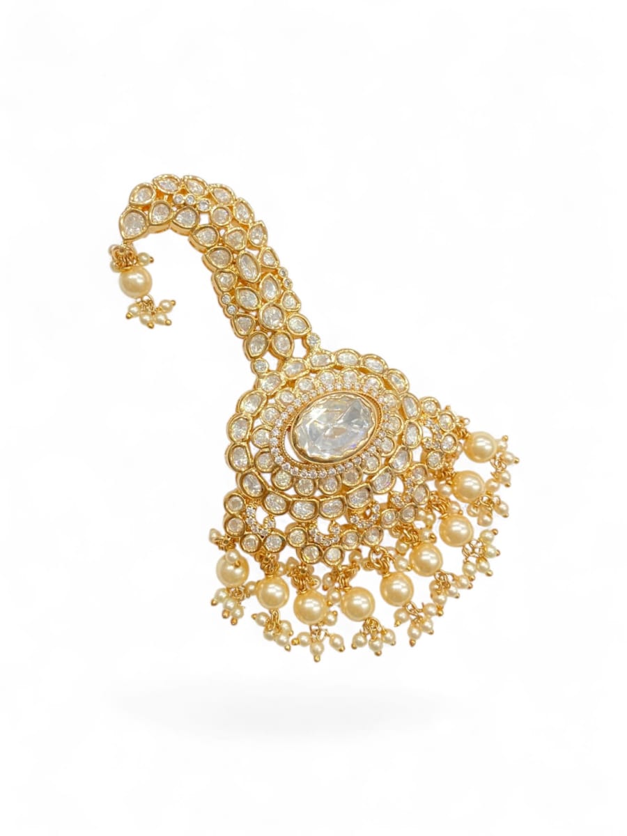 Royal Pearl Floral Polki Kalgi For Groom | Luxury Wedding Safa Brooch - detail