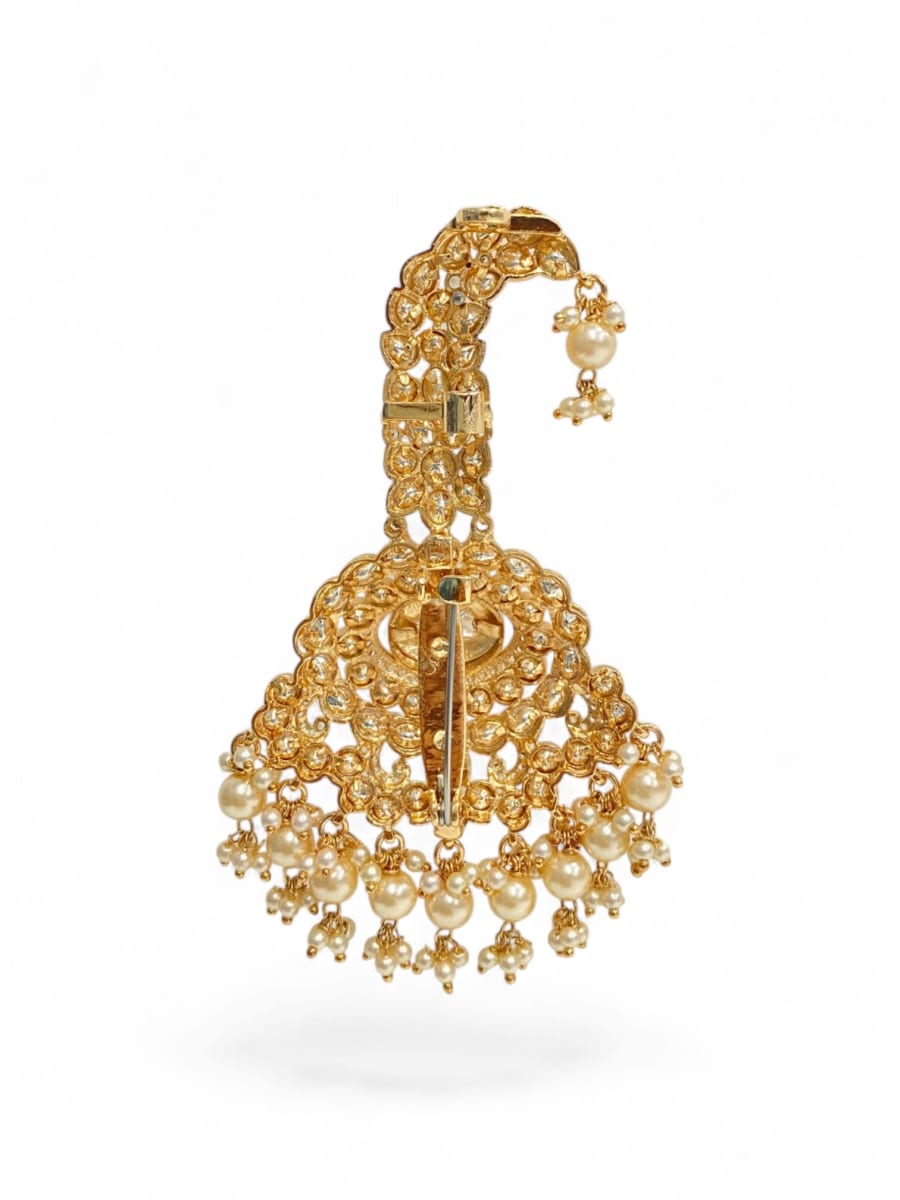 Royal Pearl Floral Polki Kalgi For Groom | Luxury Wedding Safa Brooch - detail