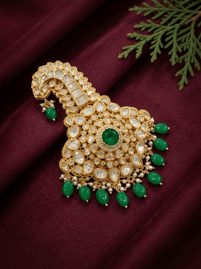 Sirini Traditional Glorious Flower Green Kundan Pagdi Wedding Safa Kalgi - Green Emerald by Sirini Jewellery, Bridal wear