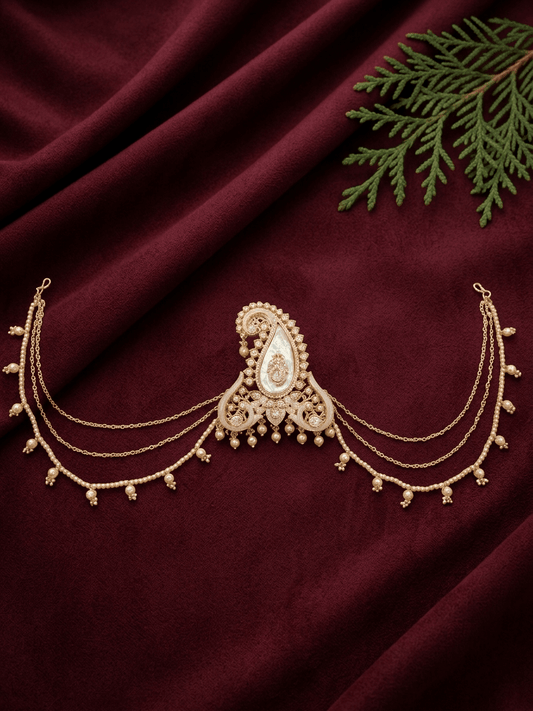 Royal Pearl Paisley Polki Kalgi For Groom | Luxury Wedding Safa Brooch With Pearl Chains