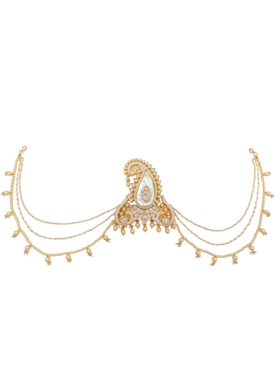 Royal Pearl Paisley Polki Kalgi For Groom | Luxury Wedding Safa Brooch With Pearl Chains - detail