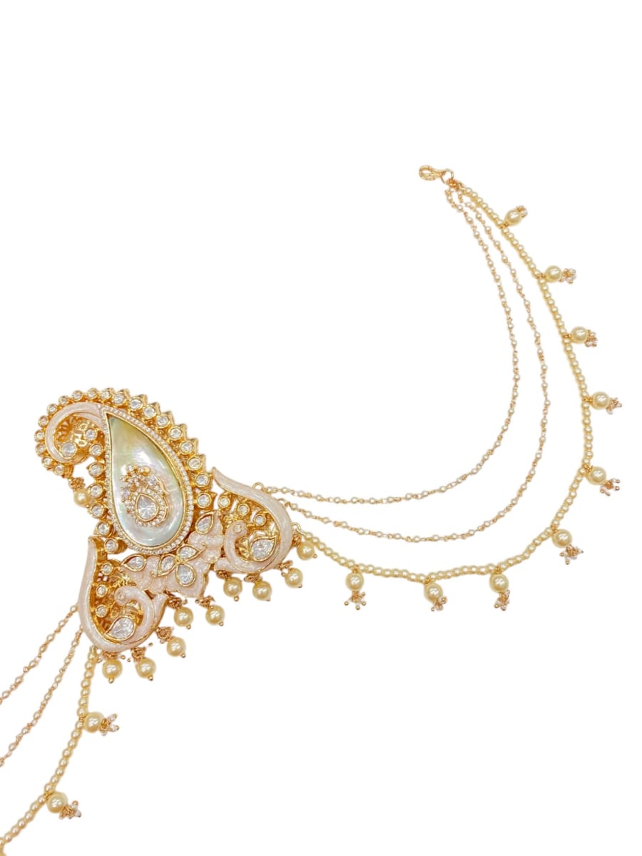 Royal Pearl Paisley Polki Kalgi For Groom | Luxury Wedding Safa Brooch With Pearl Chains - detail