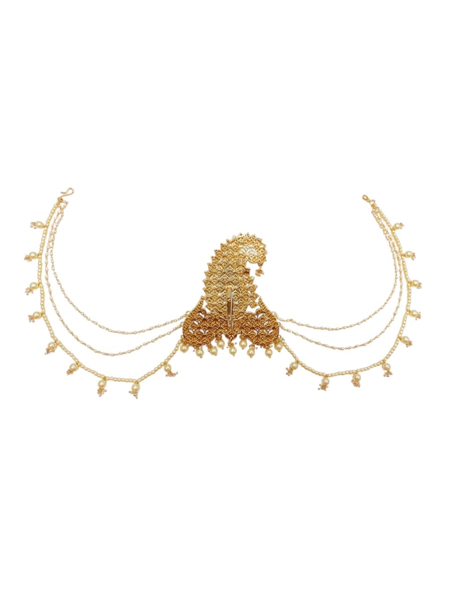 Royal Pearl Paisley Polki Kalgi For Groom | Luxury Wedding Safa Brooch With Pearl Chains - detail