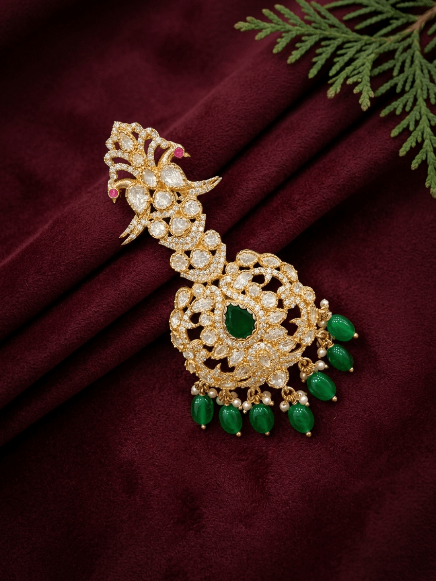Sirini Royal Emerald Peacock Polki Kalgi