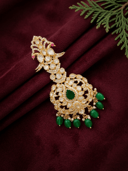 Emerald green peacock polki kalgi, an upright plume ornament, gold-plated, by Sirini Jewellery