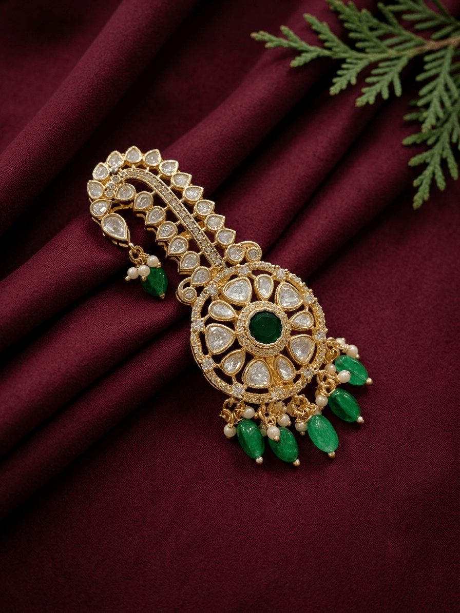 Sirini Royal Kundan Petal With Green Hanging Kalgi