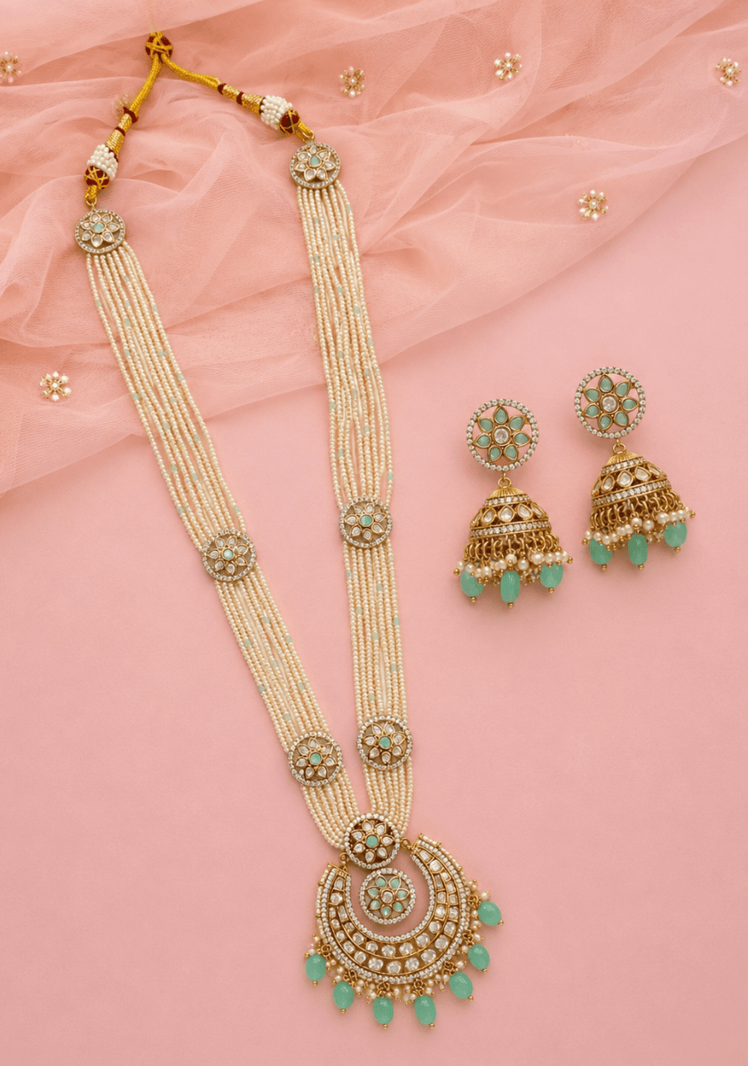 Antique Finish Mint Kundan Pearl Long Necklace Set