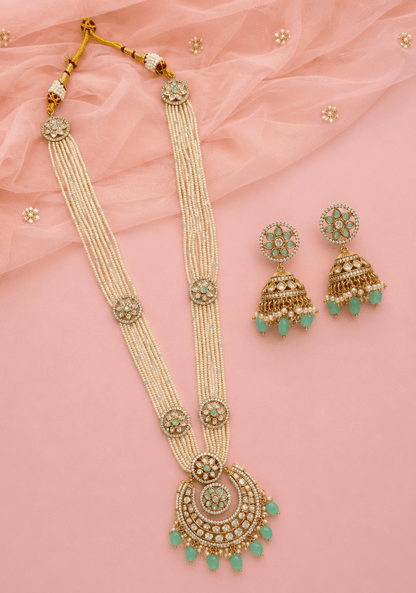 Antique Finish Mint Kundan Pearl Long Necklace Set - Mint Polki Kundan Long Sets by Sirini Jewellery, Bridal wear