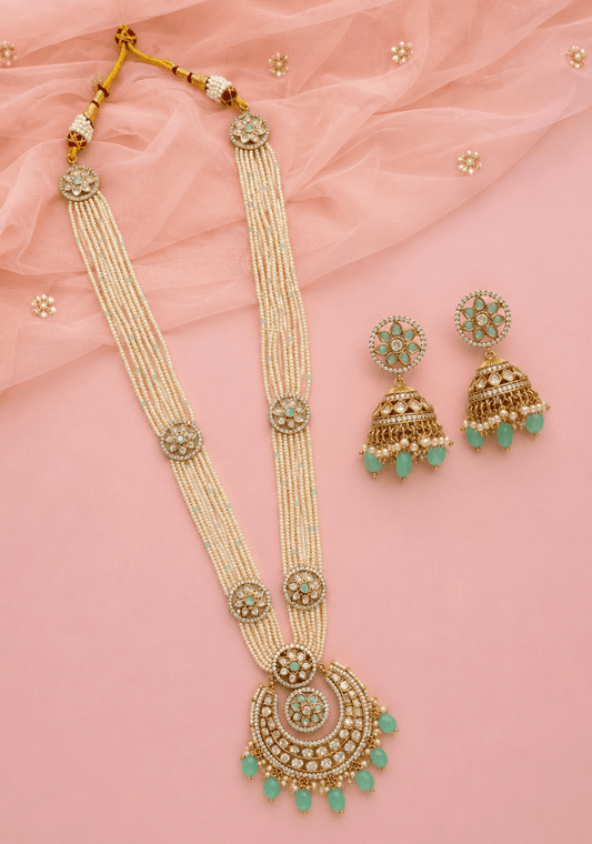 Antique Finish Mint Kundan Pearl Long Necklace Set