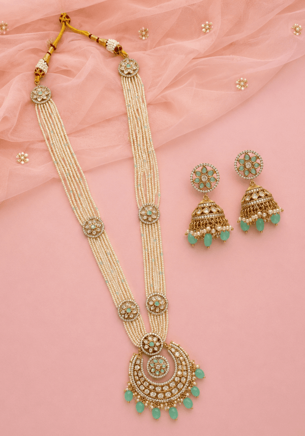Antique Finish Mint Kundan Pearl Long Necklace Set