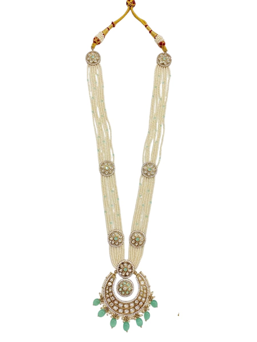 Antique Finish Mint Kundan Pearl Long Necklace Set