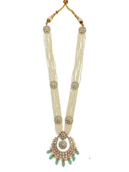Antique Finish Mint Kundan Pearl Long Necklace Set - Mint Polki Kundan Long Sets by Sirini Jewellery, Bridal wear - detail