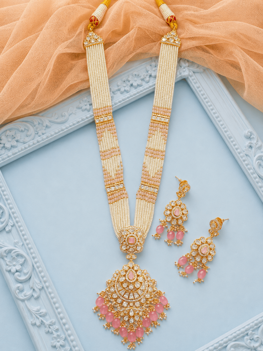Pink Kundan Multi Strand Pearl Necklace Set