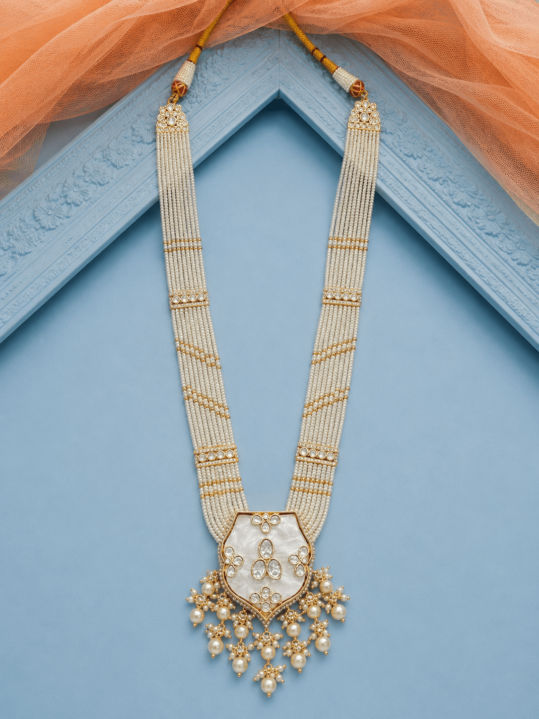 Pearl Cascade Long Necklace With White Mother Of Pearl Pendant