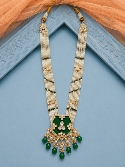 Pearl Cascade Long Necklace With Emerald Green Pendant