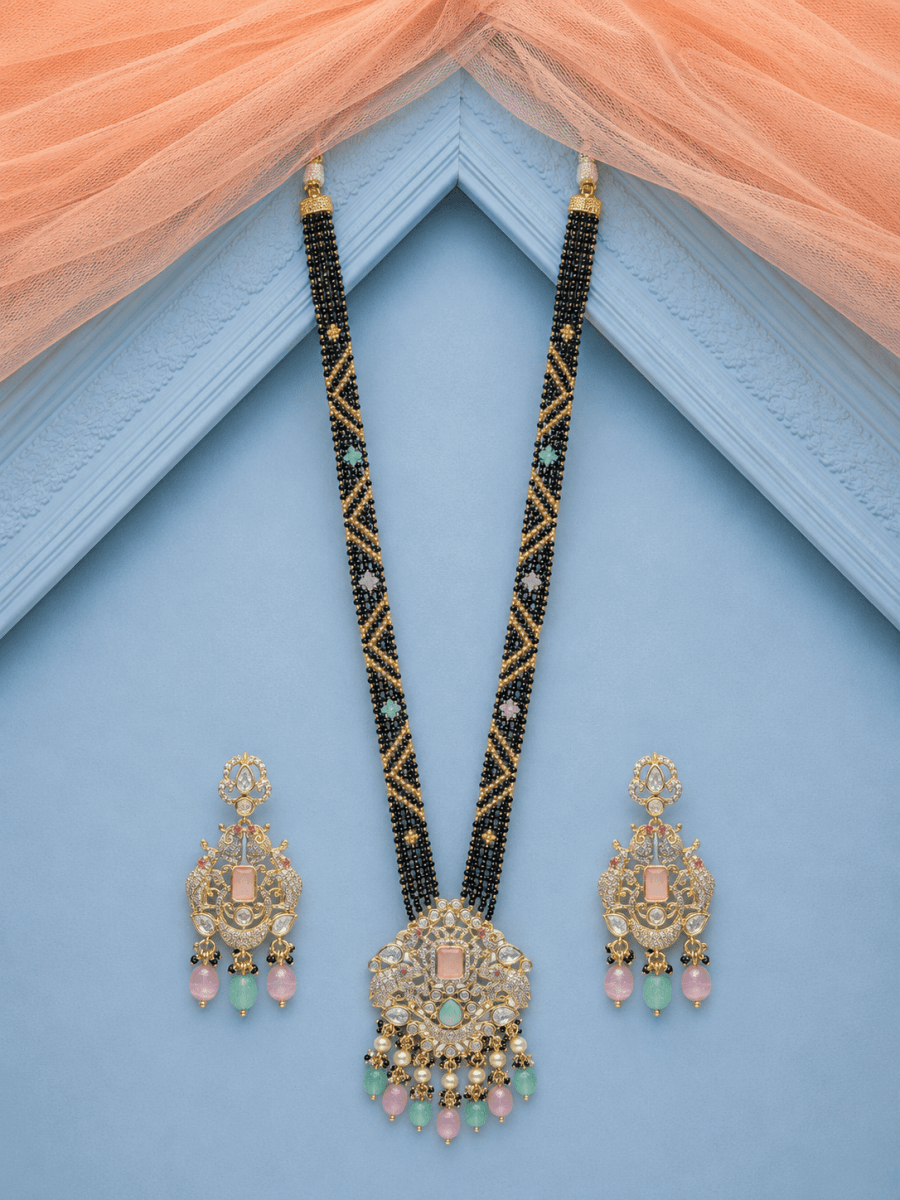 Gold Plated Handcrafted Pastel Stone Kundan Mangalsutra Set With Earrings