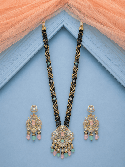 Gold Plated Handcrafted Pastel Stone Kundan Mangalsutra Set With Earrings