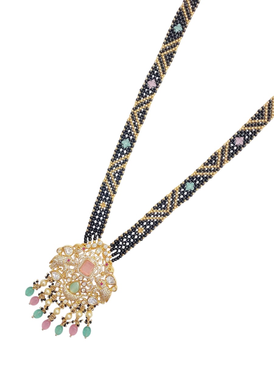 Gold Plated Handcrafted Pastel Stone Kundan Mangalsutra Set With Earrings - detail