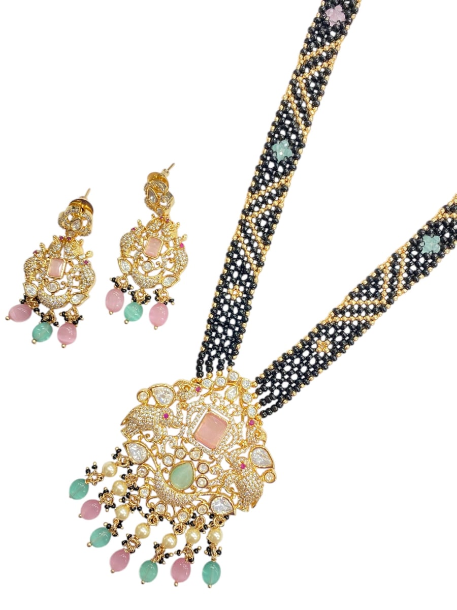 Gold Plated Handcrafted Pastel Stone Kundan Mangalsutra Set With Earrings - detail