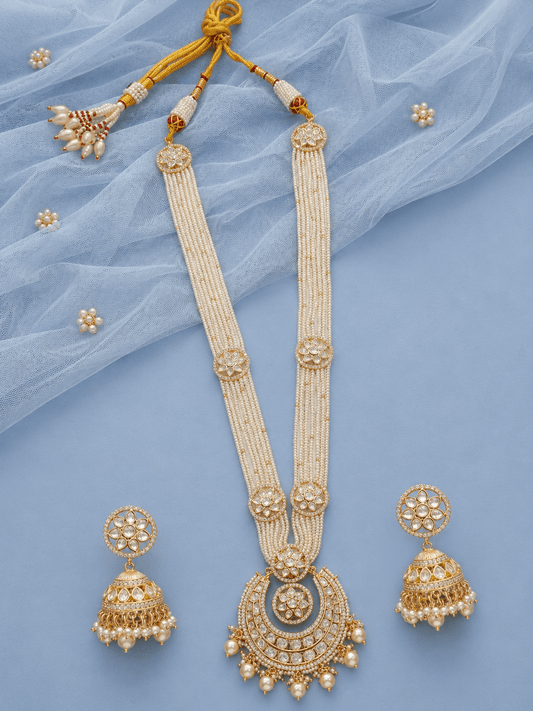 Sirini Gold Finish Kundan Pearl Long Necklace Set